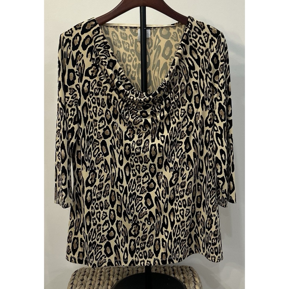 MADISON Women's Top Large Long Sleeve Cowl Neck Pullover Stretch Colorful Animal